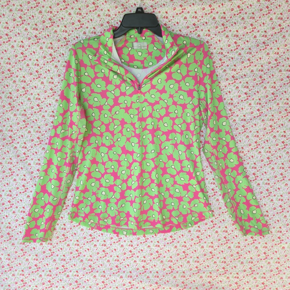 Callaway Opti-Dri Women M Golf Pullover 1/4 Zip Long Sleeve Green Pink Floral